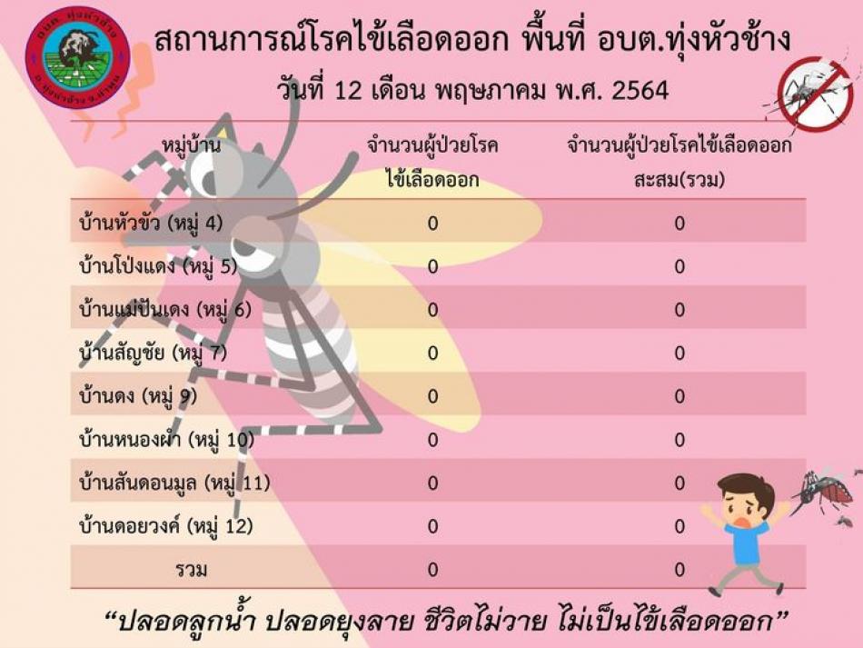 สถานการณ์ไข้เลือดออก ในพื้นที่องค์การบริหารส่วนตำบลทุ่งหัวช้าง ประจำวันที่ 12 พฤษภาคม 2564
